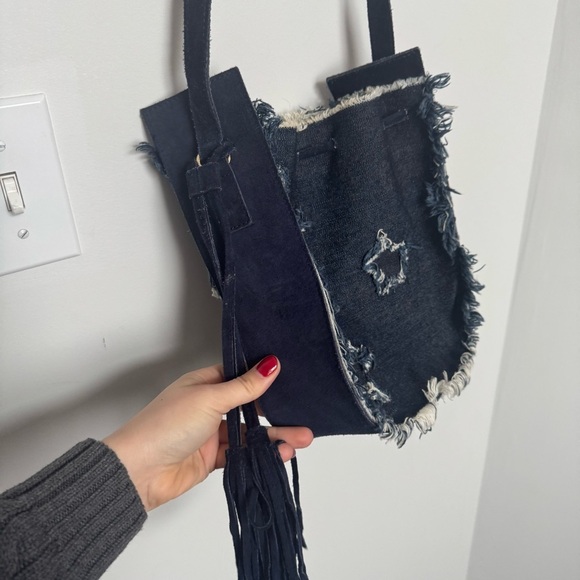 Denim & genuine leather Stylish Fringe Shoulder Bag y2k stars coastal cowgirl - Picture 4 of 7